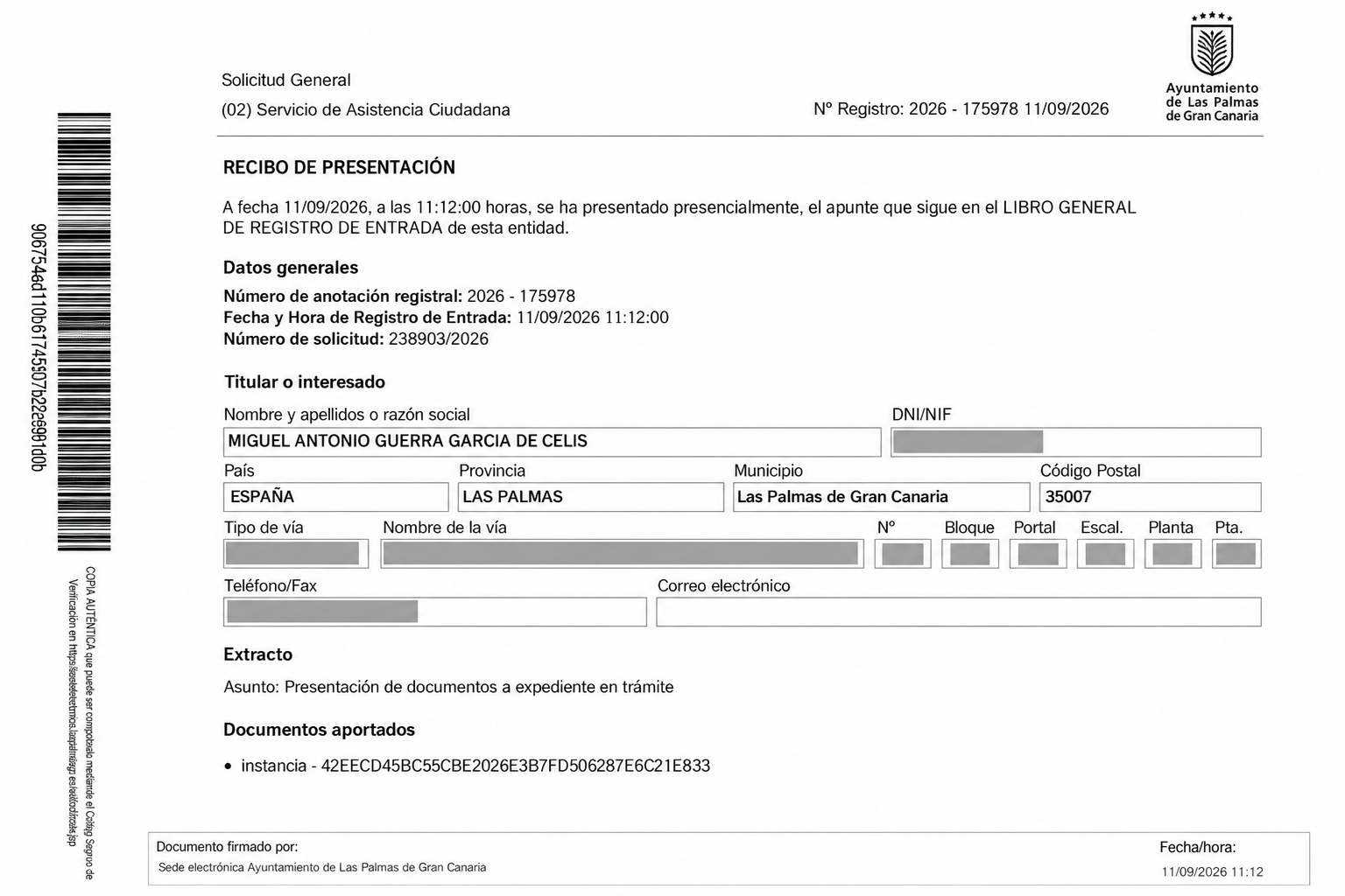 Imagen del Regristro cumplimentado